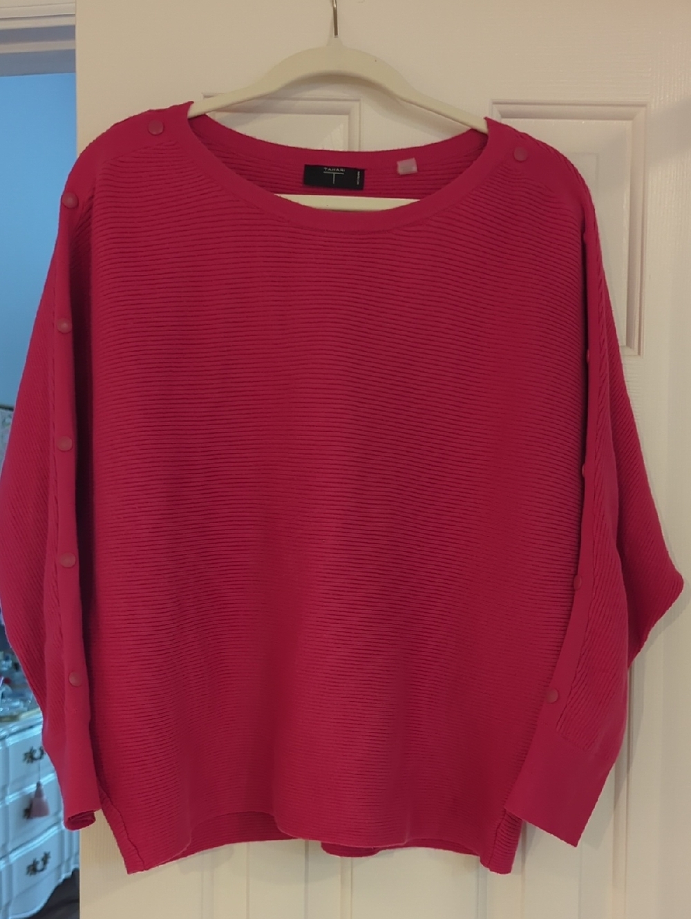 Tahari Bright Pink Ribbed Button-Shoulder Sweater